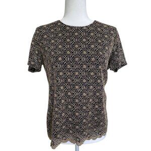 Vintage Shimmery Nicola Floral Lace Blouse Stretch Large Black and Gold